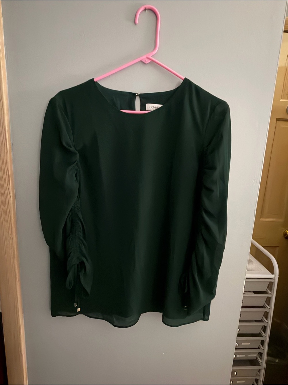 Calvin Klein Dark Green Long-Sleeve Ruched Blouse